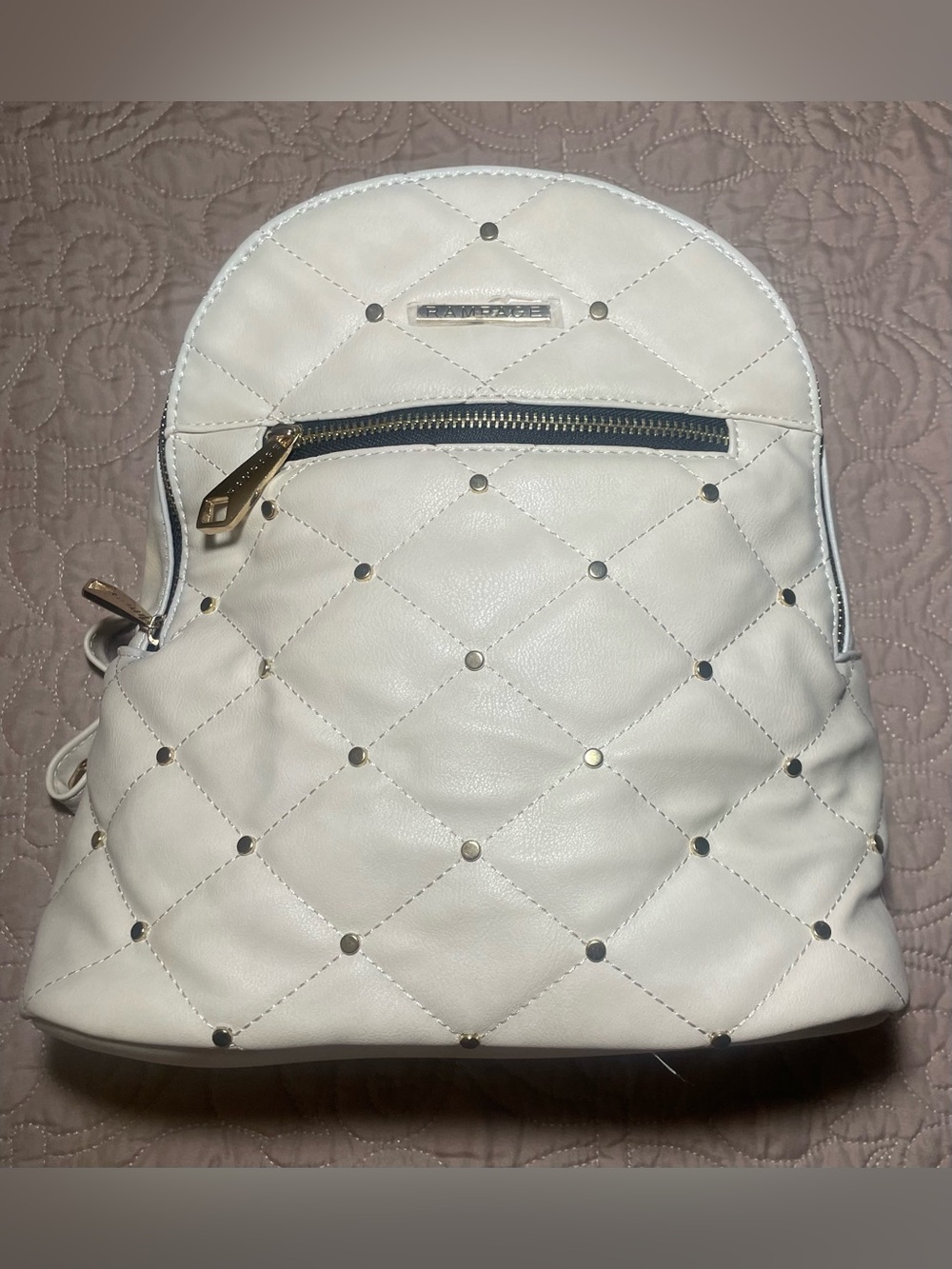 Rampage Cream Quilted Studded Small Backpack Purse Zip, Detachable Strap